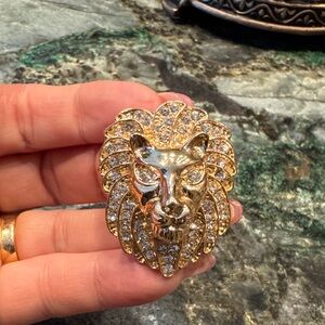 Gold Lion Head Brooch with Crystals